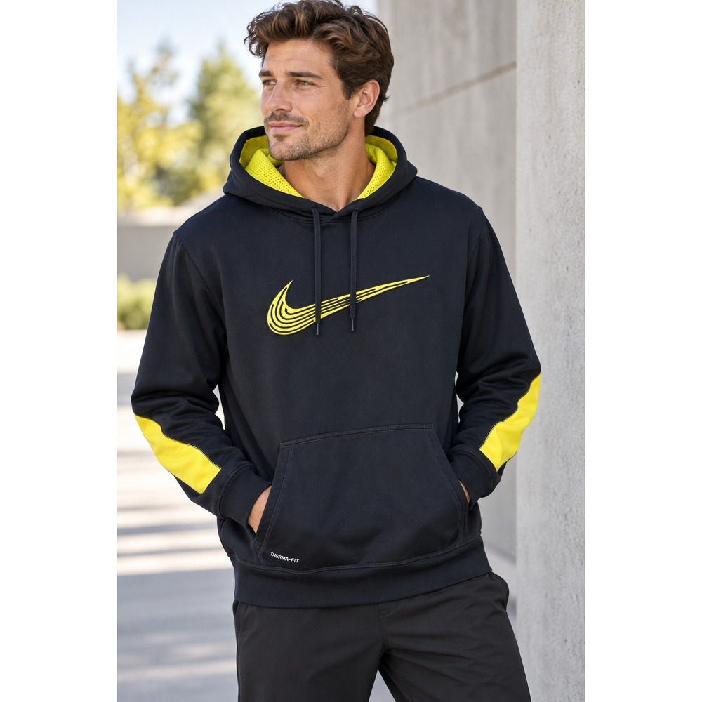 Nike Therma-FIT Hoodie Men's XL Blue Volt Yellow Big Swoosh Y2K Streetwear